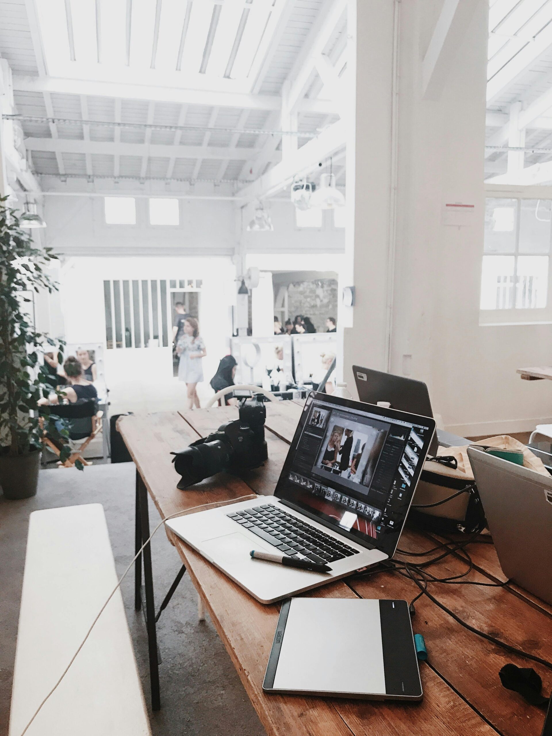 Bright co-working space with natural lighting and desks