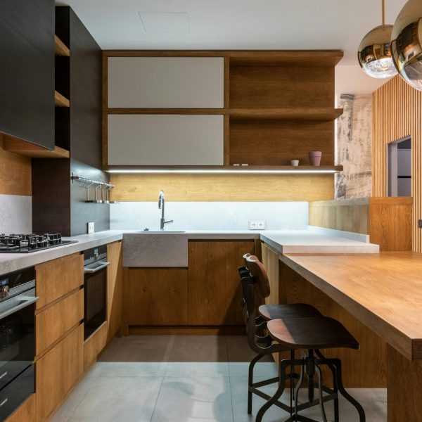Bright kitchen interior with dining and breakfast bar