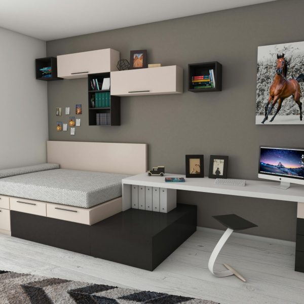 Minimalist interior 3D render with shelving and lighting