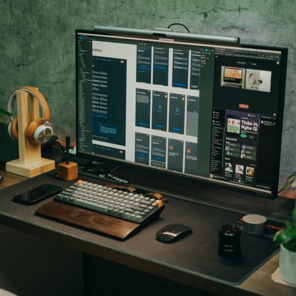 Modern workspace with digital design layout displayed